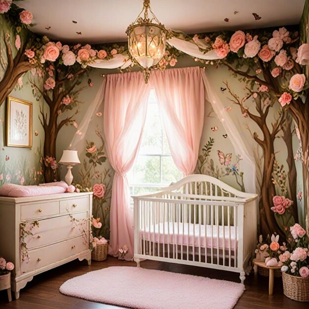 a baby crib is in a room with pink roses and a pink and white crib