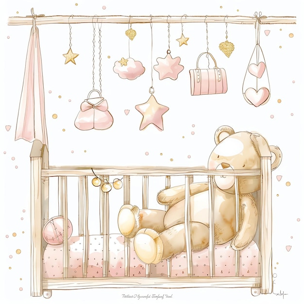 baby crib with canopy and chair and stuffed animal pink for birthday girl illustration