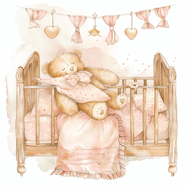 baby crib with canopy and chair and stuffed animal pink for birthday girl illustration