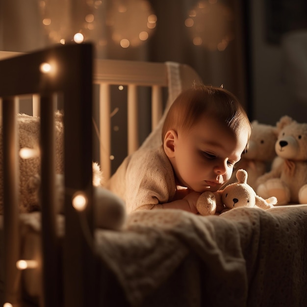 A baby in a crib with a teddy bear on the top of it.