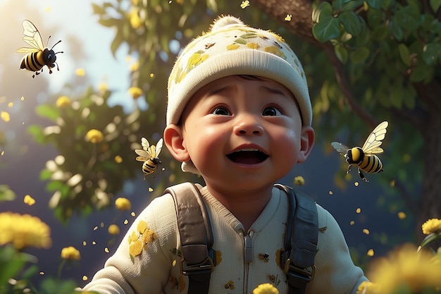 A baby crying and catching a tree with the bees on his body