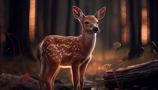 Baby dear standing on ground with green grass and looking at camera mammal animal on nature background