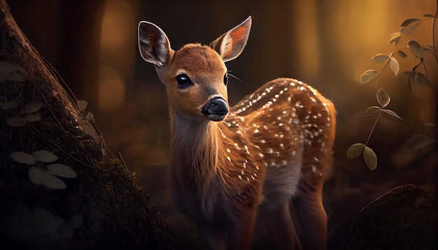 Baby dear standing on ground with green grass and looking at camera mammal animal on nature background