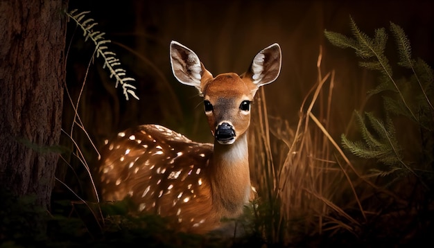 Baby dear standing on ground with green grass and looking at camera mammal animal on nature background