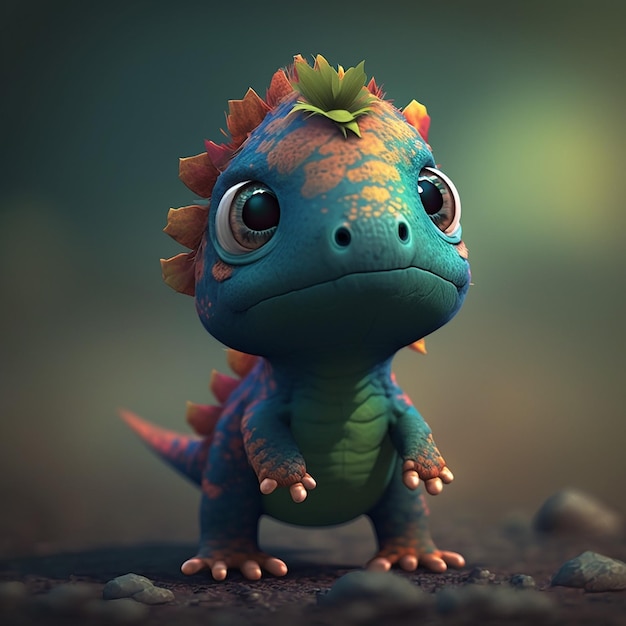 A baby dinosaur with a leaf on his head is standing on a rock.