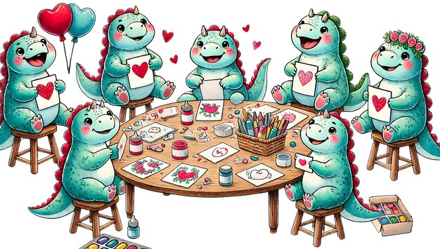 Photo baby dinosaurs making valentines day cards the table filled with crafting supplies