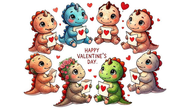 baby dinosaurs sitting in a circle each holding a Valentines Day card