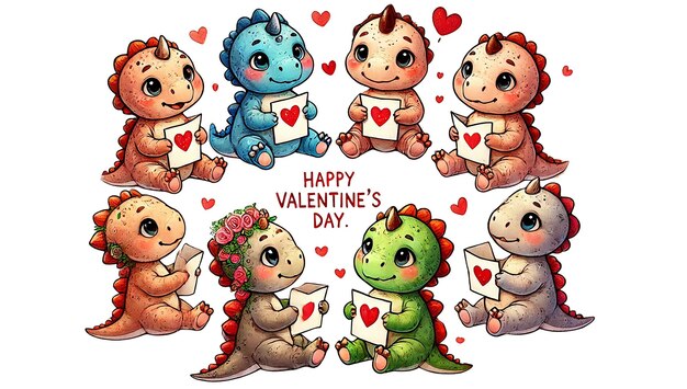 Photo baby dinosaurs sitting in a circle each holding a valentines day card