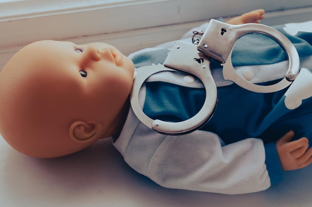 Baby doll lies with handcuffs child crime concept