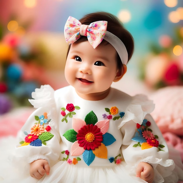 a baby doll wearing a white dress with a pink bow on it