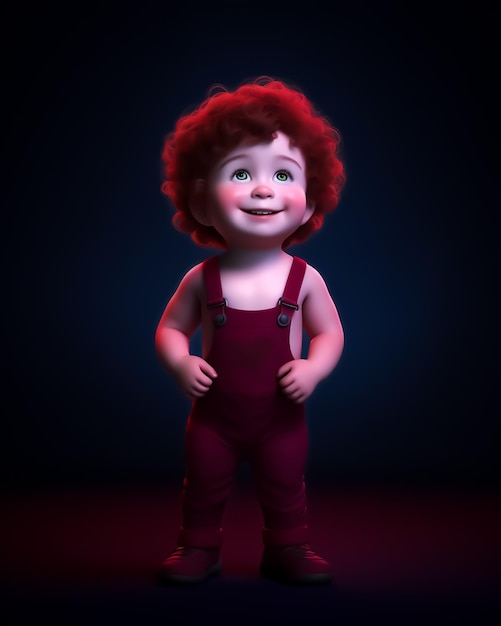 A baby doll with curly red hair stands in a dark room.