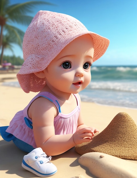 a baby doll with a hat and a hat on the beach