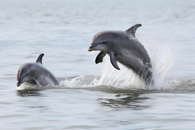 Baby dolphin jumping out of the water followed by another baby dolphin created with generative ai