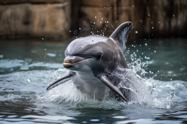 Baby dolphin leaping from the water and landing in a splash created with generative ai