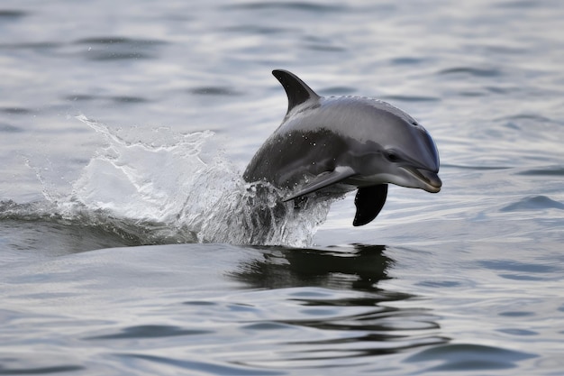 Baby dolphin leaping out of the water with its fluke in the air created with generative ai