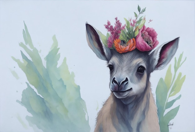 baby donkey wearing flower hat flower water colour in soft background