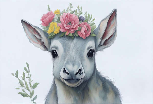 baby donkey wearing flower hat in soft background