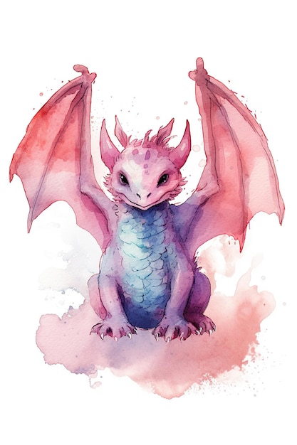 Photo baby dragon watercolor clipart cute isolated on white background with generative ai technology