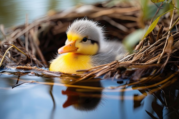 A baby duck in a nest