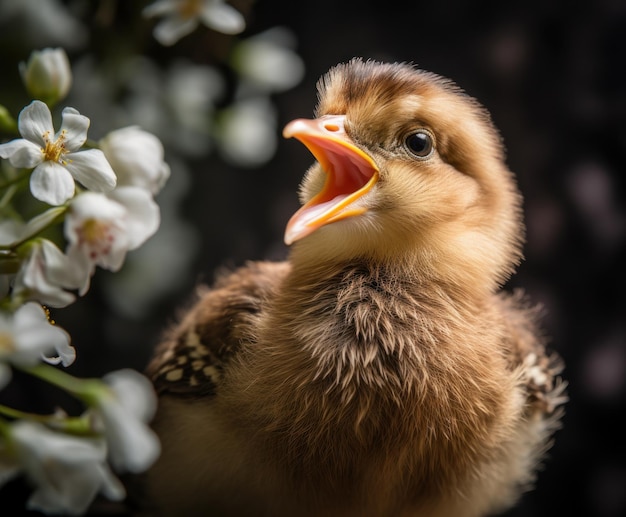 A baby duck with its mouth open sits in a tree with white flowers.