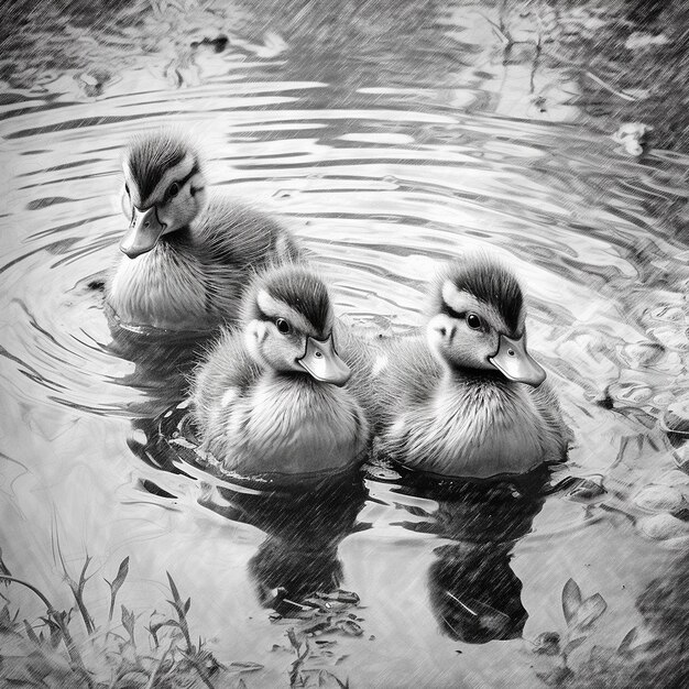 Baby ducklings are swimming natural pond Generative AI