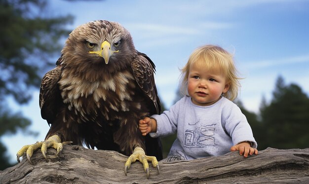 Photo a baby and an eagle are on a tree branch