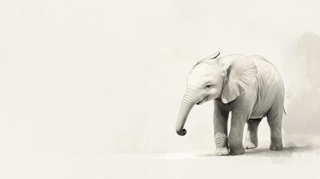 A Baby Elephant Drawn in Pencil on a White Background