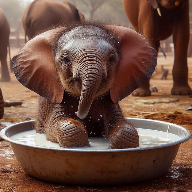 Photo a baby elephant drinking water from a bowl with other elephants