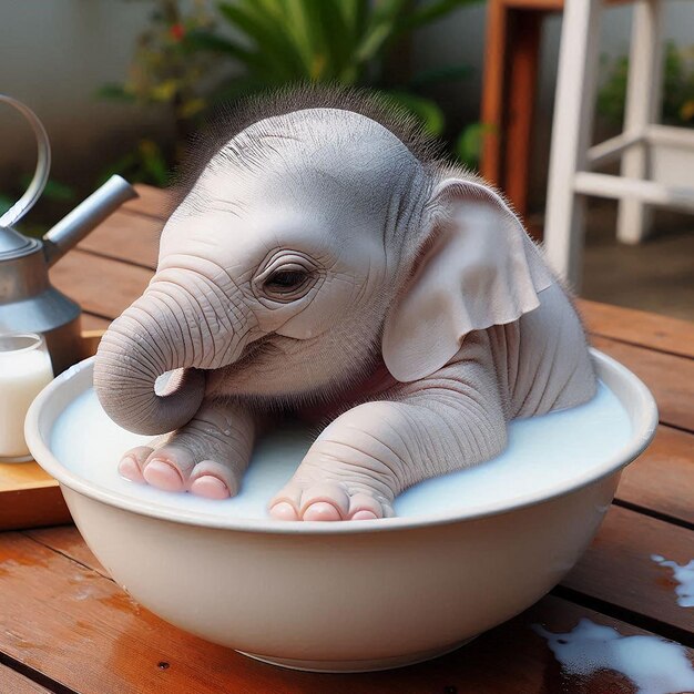 Photo a baby elephant is in a bowl of milk