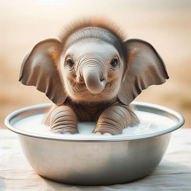 a baby elephant is in a bowl of water