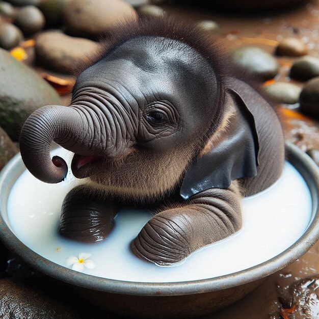 a baby elephant is drinking milk from a bowl with rocks and rocks