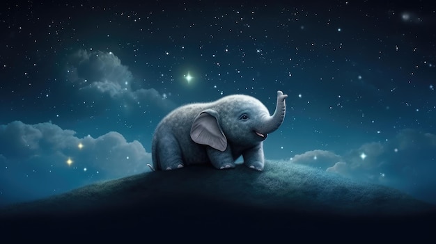 A baby elephant is on a hill with a starry sky in the background.