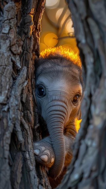 Photo a baby elephant is peeking out of a hole in a tree