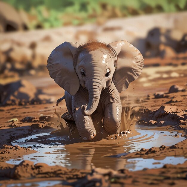 Photo a baby elephant is playing in the mud with its trunk in the mud