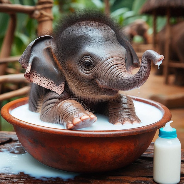 Photo a baby elephant is sitting in a bowl of milk