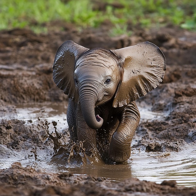 Photo a baby elephant in the mud with its trunk up in the air