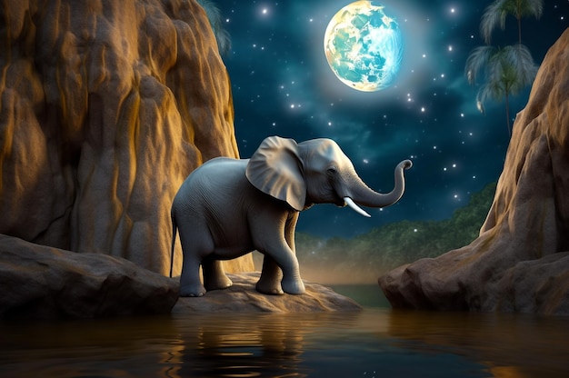 Baby elephant near waterfall in night with moon Generative AI