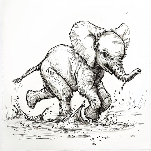 Baby elephant playful isolated pencil drawing on white paper artwork