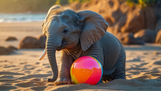 Photo a baby elephant playing with a ball on the beach