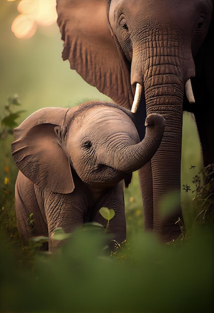 Baby elephant playing with its mother in a grassy field generative ai