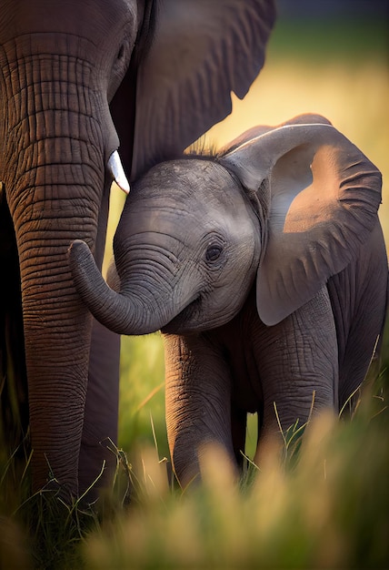 Baby elephant playing with its mother in a grassy field generative ai