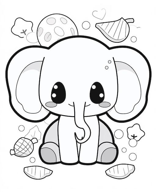 A baby elephant sits among the fruits and vegetables.