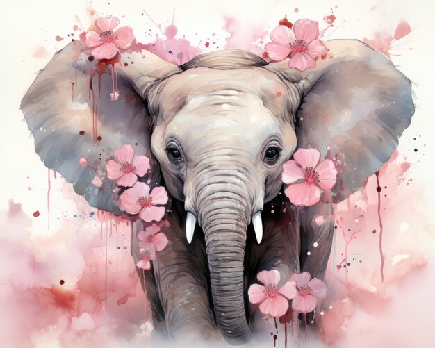 A baby elephant sits with a flower and watercolor background Generative AI