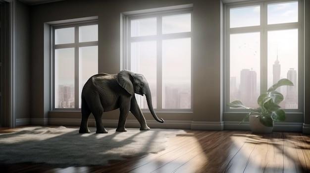 Baby elephant sitting in room and watching city Generative AI