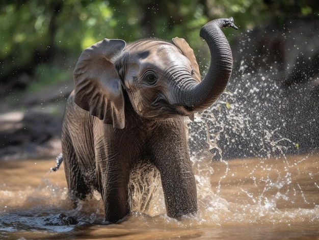 A baby elephant splashes in a river