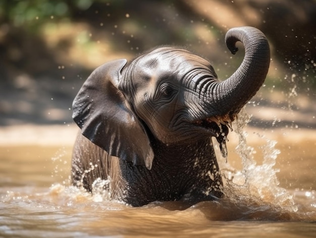 A baby elephant splashes in the water.