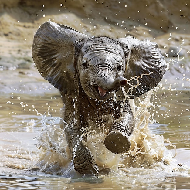 Photo baby elephant splashing in a puddle