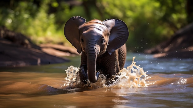 Photo baby elephant at the stream in the jungle