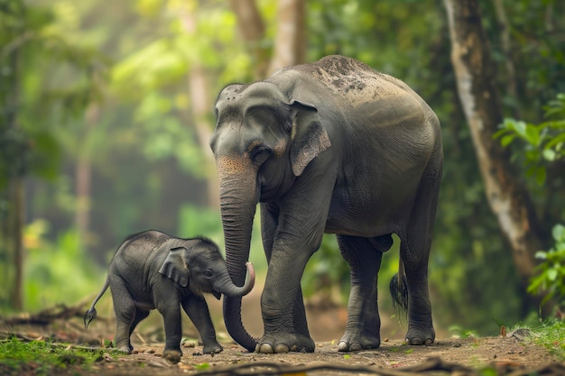 A baby elephant takes its first wobbly steps beside its mother