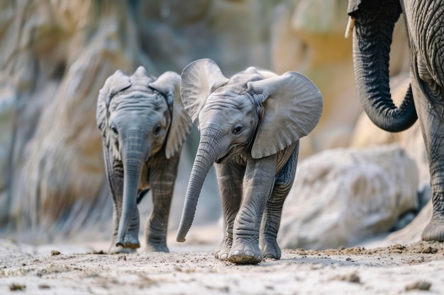 A baby elephant takes its first wobbly steps beside its mother